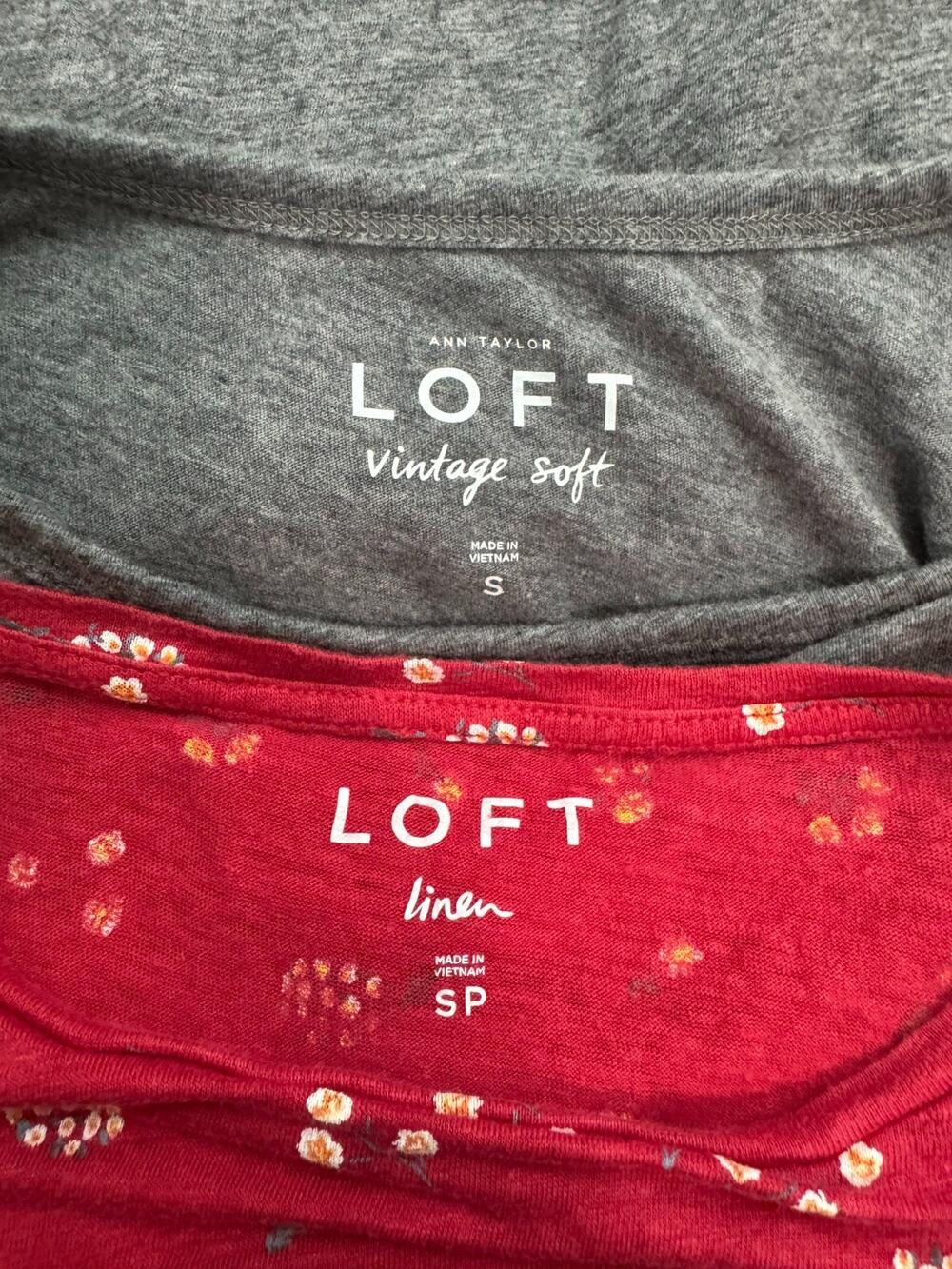 LOFT Lot of 2 T Shirts Red Linen SP Gray Vintage Soft Peacock Graphic